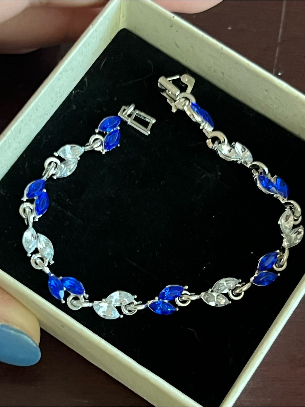 Blue & Clear Marquise Rhinestone Leaf Link Bracelet Silver Tone 7”